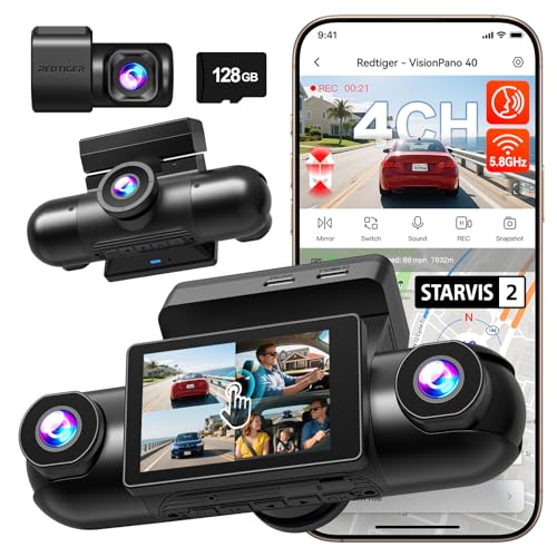 REDTIGER 4 Channel 360° View Dash Cam, Dual STARVIS 2, 2.5K*2+1080P*2 Dashcam Front and Rear Inside Left Right, 5.8GHz WiFi, 8 IR Lights Night Vision, 4 Adjustable Lenses, Included 128GB Car