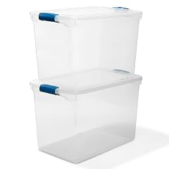 HOMZ 2-Pack Latching Lid Clear Plastic Storage Organizer Bins 112 Quart Blue Latch - Stackable Organizing Containers for