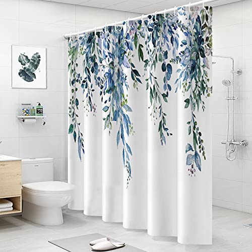 Nuseiis Long Blue Shower Curtains 72 X 78, Fabric Tall Eucalyptus Leaves Shower Curtain Sets, Watercolor Floral Plant Bathroom Decor With Hooks #TOP7