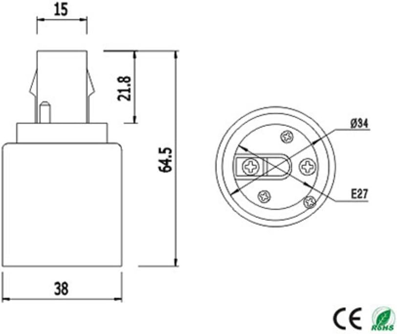 E-Simpo G24d to E27 Adapter, 2P Light Socket Adapter, 21.8mm,G24 to E26/E27, GX24d to E27 Lamp Base Converter, Rohs.Need Bypass The Ballast! (60-Pack)