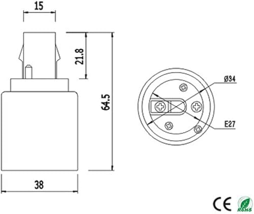 Miniatura 7 de E-Simpo Adaptador G24d a E26E27 (no GY24d) Adaptador de enchufe CFL de 2 pines de 0.858 in G24 a E26E27, convertidor de base de lámpara GX24d a