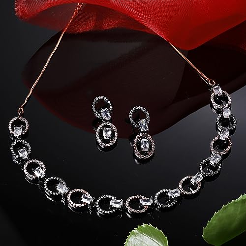 Image of ZENEME Rhodium-Plated American Diamond Studded Disc-Shaped Necklace With Earrings Jewellery Set For Girls and Women