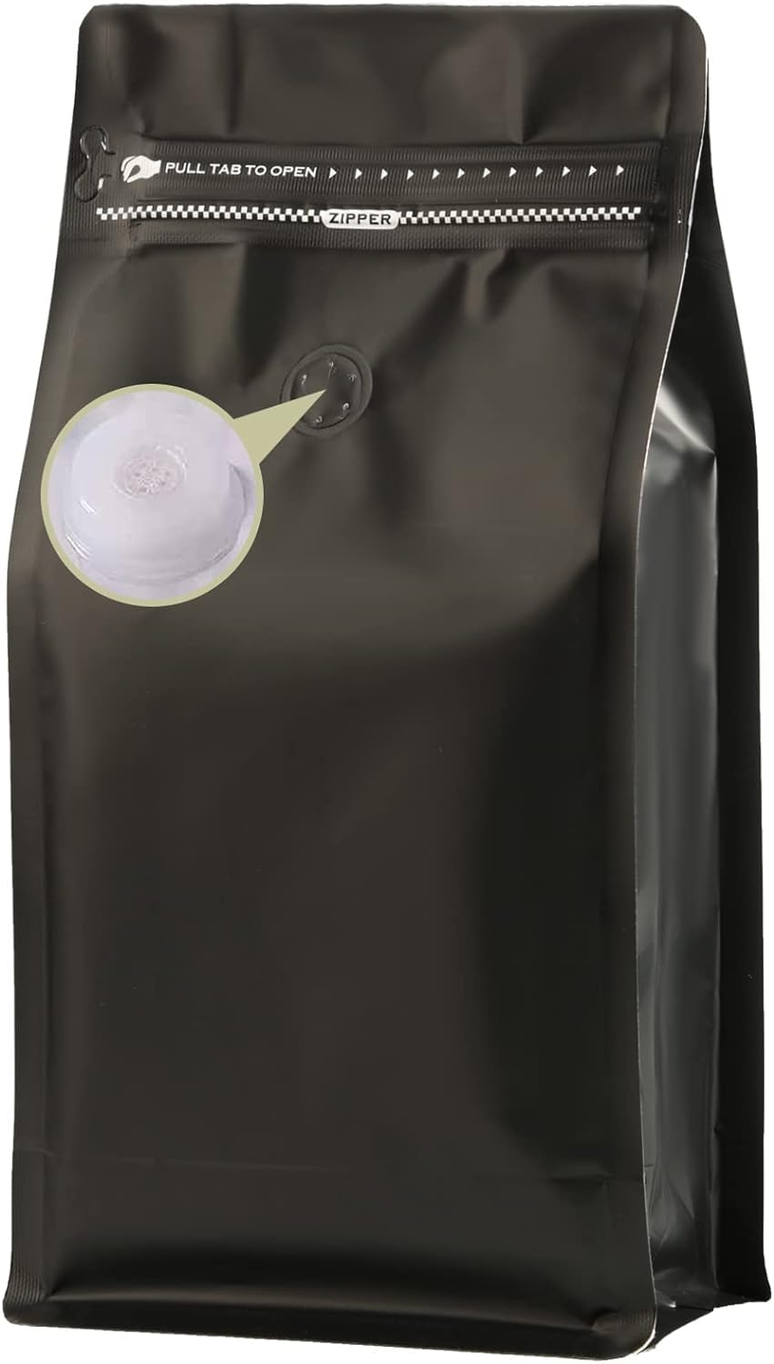 Coffee Bag with Valve (16 oz, 1 lb, 25pcs) - Black High Barrier Aluminumed Foil Flat Bottom Heat Sealed Coffee Beans Packaging - Side Zipper Resealable for Home or Business