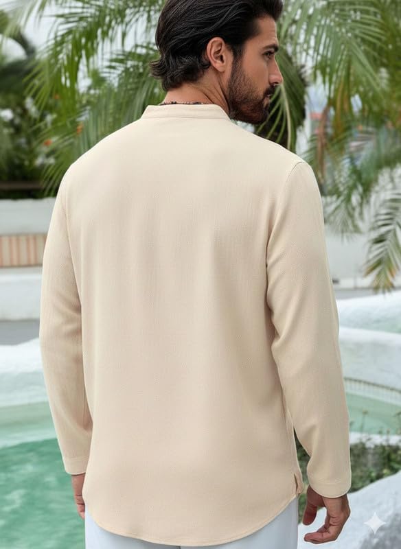 Image of DEELMO Men Stylish Cotton Blend Kurta with Button Detailing for Festive and Casual Wear | Comfortable Soft Fabric Kurta with Modern Mandarin Collar Traditional Outfit
