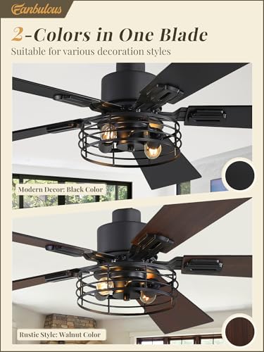 Fanbulous 2 Pack Farmhouse 42 Inch Ceiling Fans with Lights, Black Industrial Caged Ceiling Fans for Bedroom Living Room, Double-Sided 5 Blades Rustic Ceiling Fan - Image 2