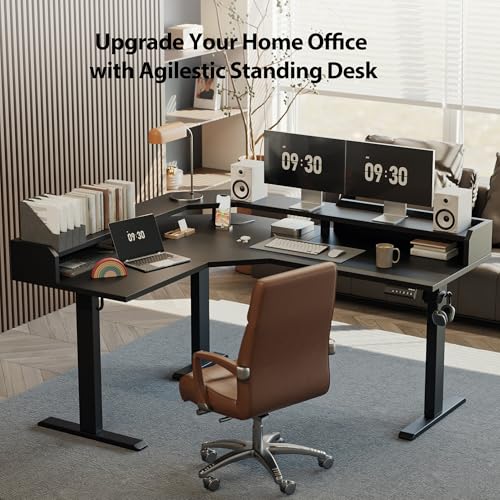 Image of Agilestic L Shaped Standing Desk, Adjustable Height Corner Gaming Desk with Shelf, Sit Stand Up Desk, 63 x 55 Inch Home Office Computer Table, Black