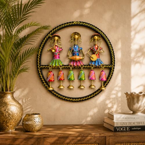 Image of iHandikart Handmade Metal Wall Art for Home Decor | 15 x 15 Inch Round Rajasthani Musician Wall Sculpture with Hanging Bells | Decorative Iron Wall Hanging for Living Room, Hallway, Office & Entryway