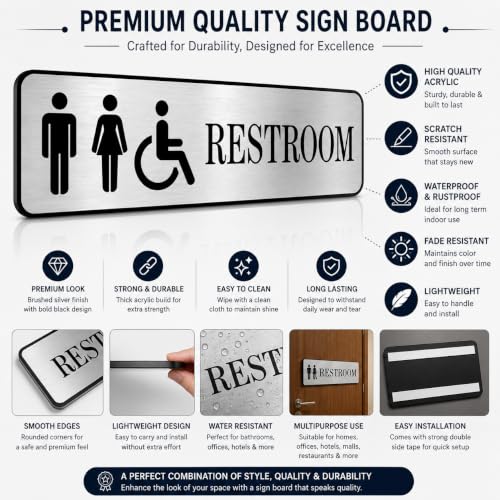 Image of Premium Brushed Silver Acrylic Unisex Restroom Door Sign 10 x 3 Inch | Self-Adhesive Washroom Signage for Hotel, Office, Corporate, Business, Resort, Society, Hospital & Commercial Spaces