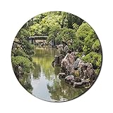 River Rock Mouse Pad für Computer, Landschaft der Ruhe Entspannenden Creek in einem Wald Japanischer Garten Themenfoto, Runde rutschfeste dicke Gummi Modern Gaming Mousepad, 8 'Rund, Grün und Taupe