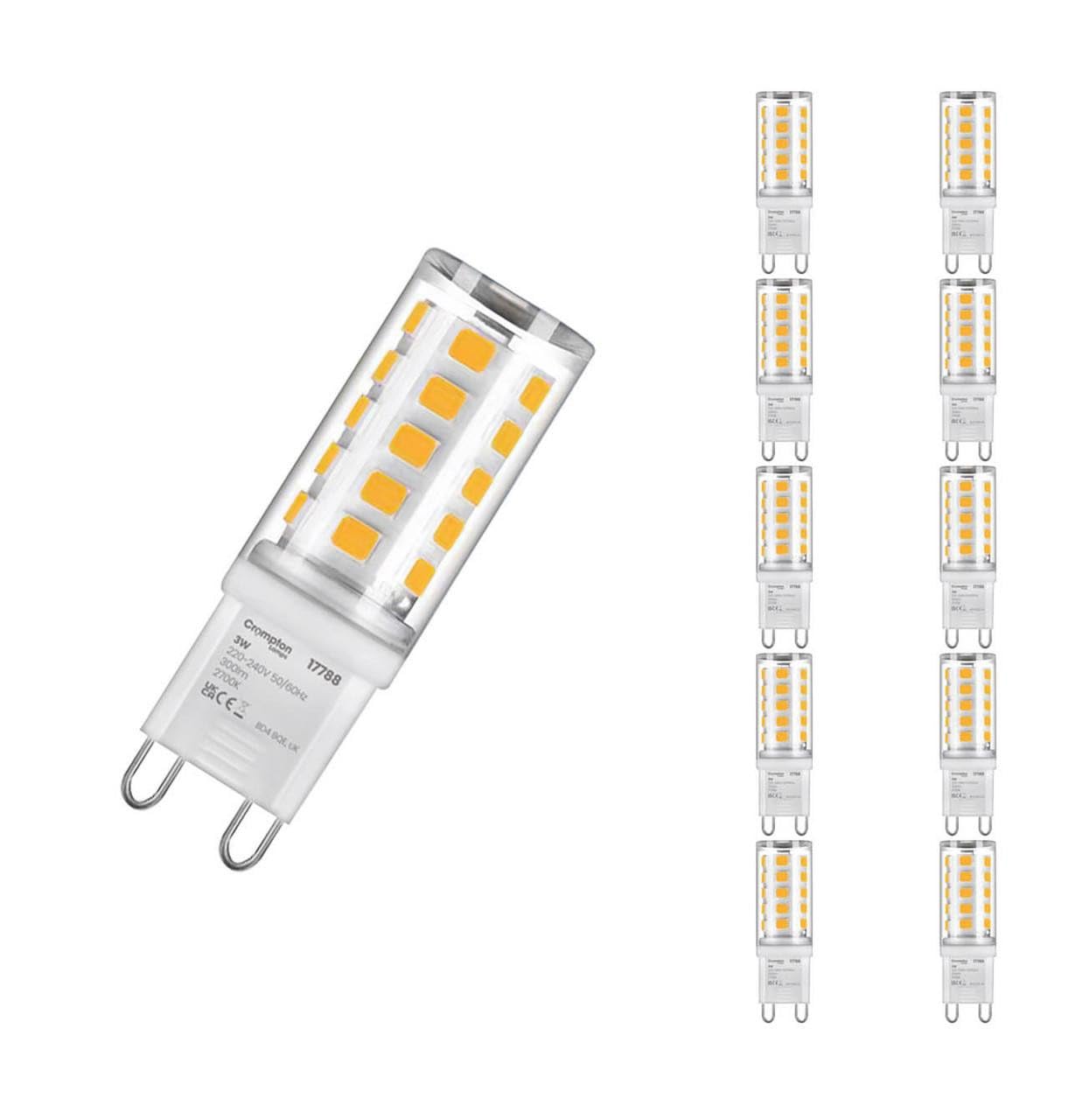 Crompton Lamps LED G9 Capsule Bulbs 3W | 10 Pack | 28W Halogen Replacement | Warm White 2700K | Energy-Saving LED Light Bulbs | Clear G9 Bulbs for Ceiling, Cabinet & Accent Lighting
