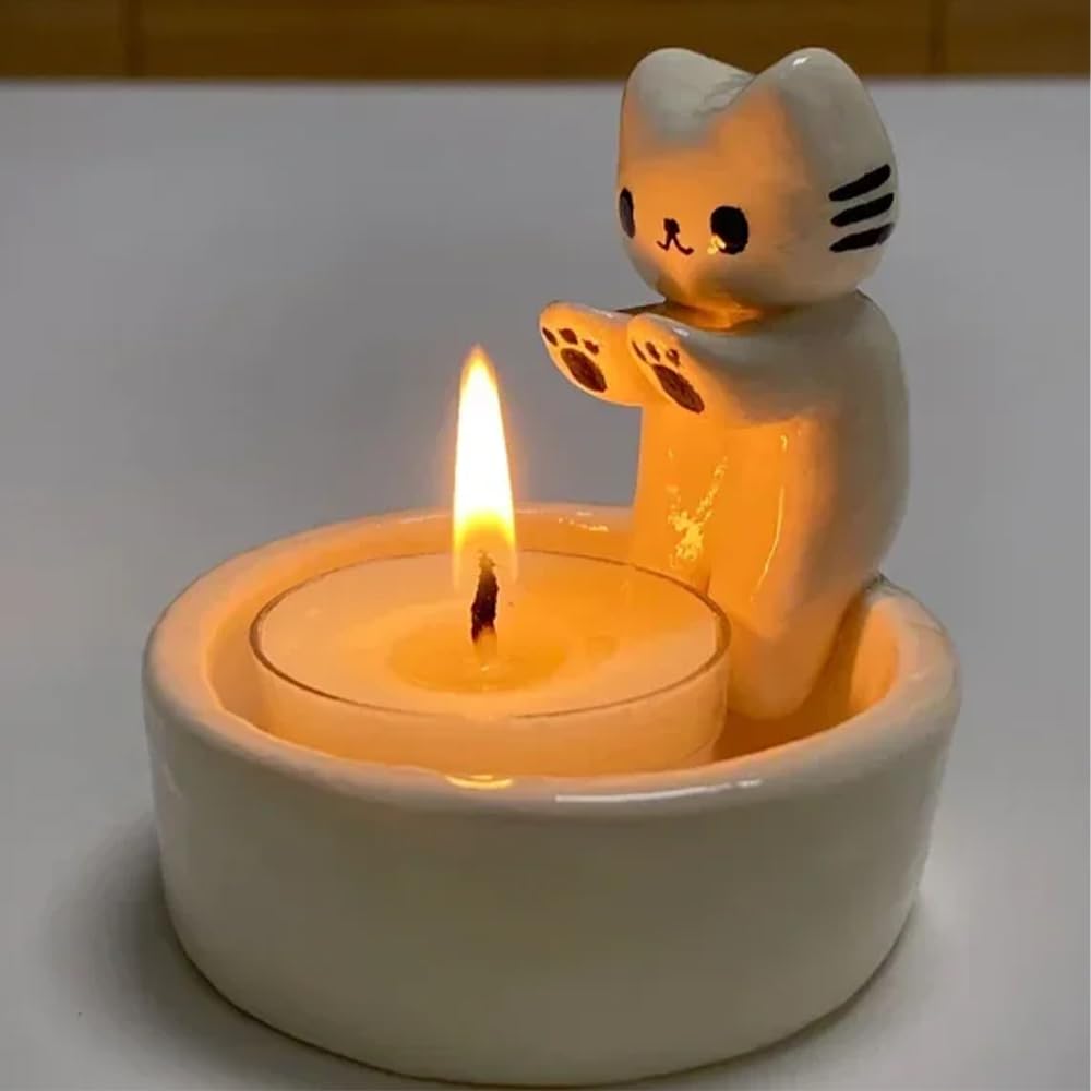 Cartoon Kitten Candle Holder, Handmade Ceramic Candlestick, Kitty Warming Its Paws Cute Scented Light Holder, Gift for Girl Women, Cat Lover Choice