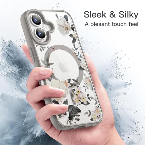 Image of VONZEE Compatible with iPhone 16 Case Luxury Retro Flowers Floral Clear for Magnetic Wireless Charging Case Shockproof Case PC+TPU Cute Glossy Shiny Cover for Girls Women, 6.1'' Grey