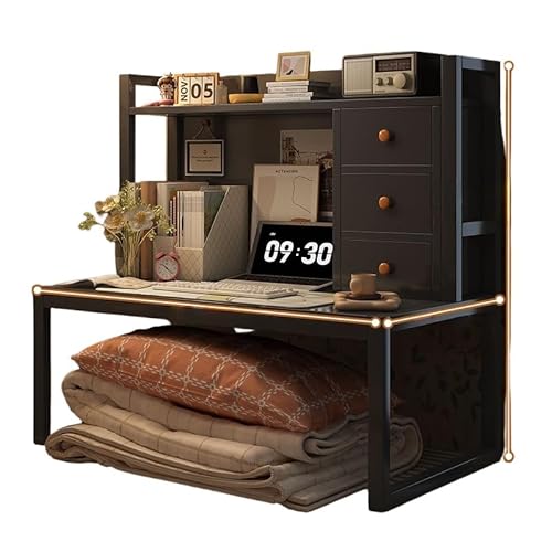 【Pakabi】多機能デスク ベッド学習机 ホームオフィスデスク 、棚付き収納 PC 学生用 在宅ワーク兼用 コンパクト設計、多層収納 多機能 寮/自宅/勉強部屋に最適 デスク 小型オフィスデスク (扉:ブラックシェルフ + ブラックウィロー材 [80*5