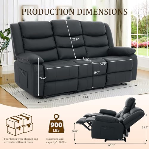 Korser Recliner Sofa, Reclining Loveseat with Console, Oversized Reclining Couch with Drop Down Table, 3-Seater Sofa with Cup Holder and Recessed Power Strip, Black - image 2