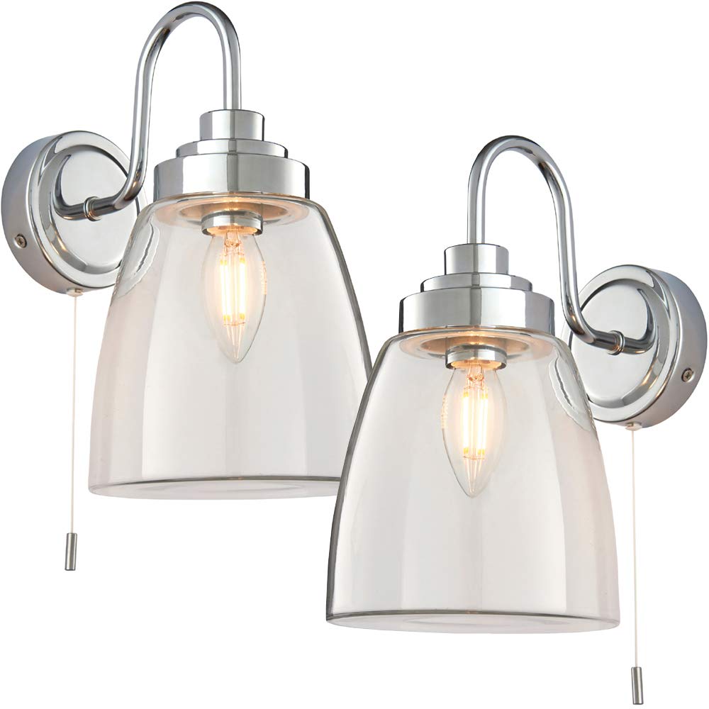 Loops 2 Pack Ip44 Bathroom Wall Light Chrome & Domed Clear Glass Curved Arm Oval Lamp