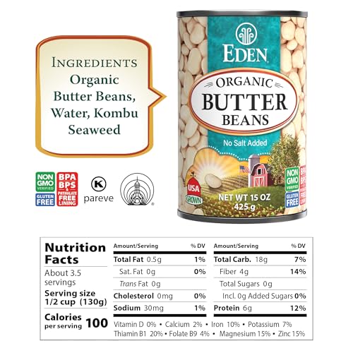 Eden Organic Butter Beans, (Baby Lima Beans), No Salt Added, USA Grown, Non GMO, 15 oz (12-Pack)