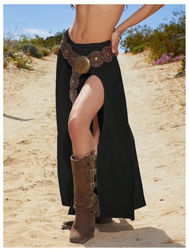 SHENHE Women's Western Boho Maxi Skirt Lace Ruffle High Slit Flowy Country Cowgirl Skirts4