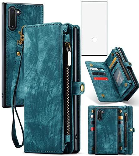 Asuwish Phone Case for Samsung Galaxy Note 10 Glaxay Note10 5G Zipper Wallet Detachable Cover with Tempered Glass Screen Protector and Flip Card Holder Cell Gaxaly Notes 10s Ten Not S10 Women Men Blue