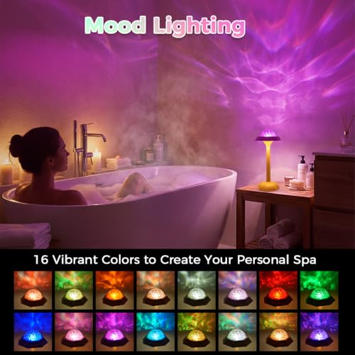 Image of RICHMYC Waterproof Shower Lamp with Remote, 16 Colors Ocean Wave Projector Lamp for Bathroom, Cordless Rechargeable Night Light, Ambient Mood Lighting for Inside Shower, Bathtub, Spa
