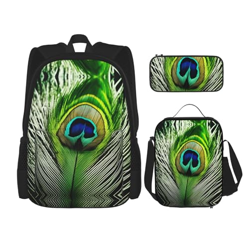 nanger Green Peacock Feather Print 3-Piece Set Backpack, Lunch Bag And Pencil Case, For Travel, College, And Daily Use