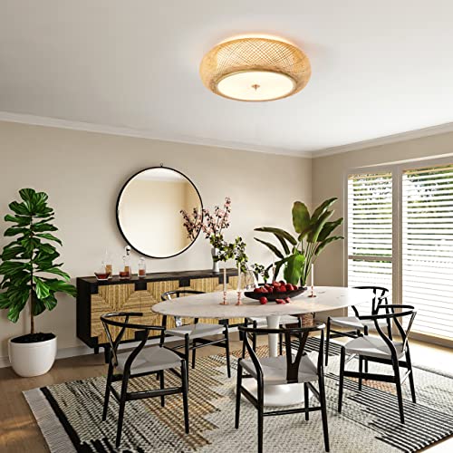 Bamboo Flush Mount Ceiling Light Handwoven Rattan Light Fixture, 3 Lights Boho Ceiling Lamp for Bedroom, Entryway, Foyer (15-inch)