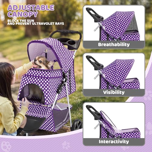 Image of Magshion 3-Wheel Pet Stroller, Foldable Travel Jogger for Small & Medium Dogs & Cats (Up to 33lbs), Lightweight Carrier with Breathable Mesh Cover, Cup Holder & Storage Basket, Purple Polka Dots