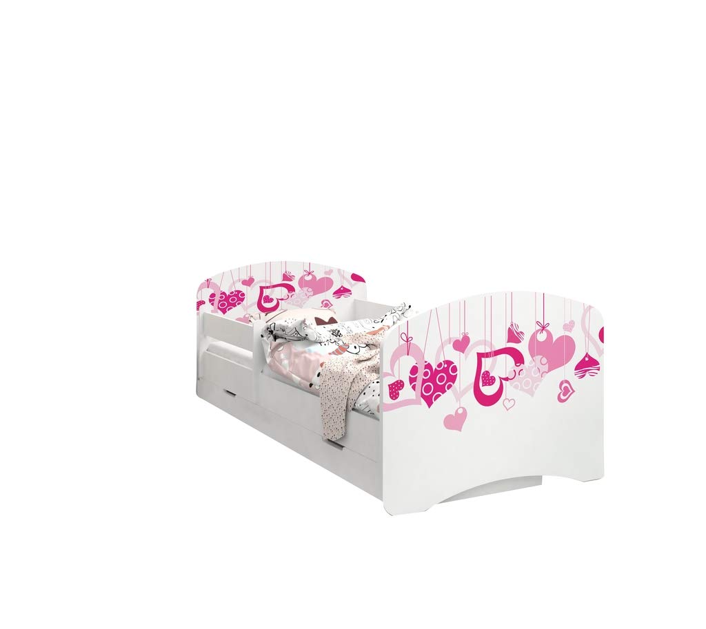 Happy Babies - Dwustronne łóżko dziecięce z szufladą Nowoczesne wzornictwo z bezpiecznymi krawędziami i zabezpieczeniem przed upadkiem materac piankowy 7 cm. (140x70, 02. spadające serca)
