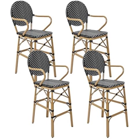 YOEEMZ Outdoor Bar Stools Set of 4 | 30 Inch Bar Height Rattan Patio Barstools with Back | Sturdy Aluminum Metal Frame & Bamboo Finish | French Chair with Armrest, Black & White Cover