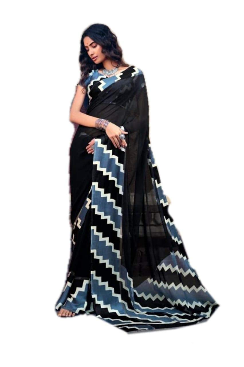Grab MantraSILK AND COTTON SAREE Georgette saree with printed satin border, pallu and unstitched blouse.