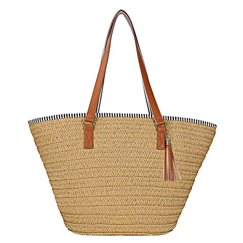 Bolso de hombro grande de paja para mujer miniatura 1