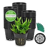GROWNEER 50-Pack 3-Inch Net Cups Slotted Mesh Wide Lip with 10Pcs Plant Labels Heavy Duty Filter Plant Net Pot Bucket Basket for Hydroponics Garden Containers