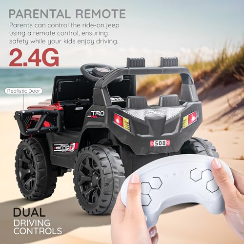 Image of Baybee Trojan Battery Operated Jeep for Kids with RGB Windshield Light, Bluetooth, USB & Music | Baby Big Ride on Battery Car | Electric Jeep Car for Kids to Drive for 2 to 6 Years Boys Girls (Red)
