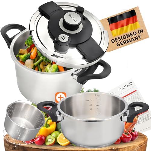 QUIXO Schnellkochtopf Set 6L + 4L VitaSmart mit Garkorb + Kochzeitsignal für alle Herdarten [NEU mit Füllmengenmarkierung] Dampfkochtopf mit 2 Garstufen