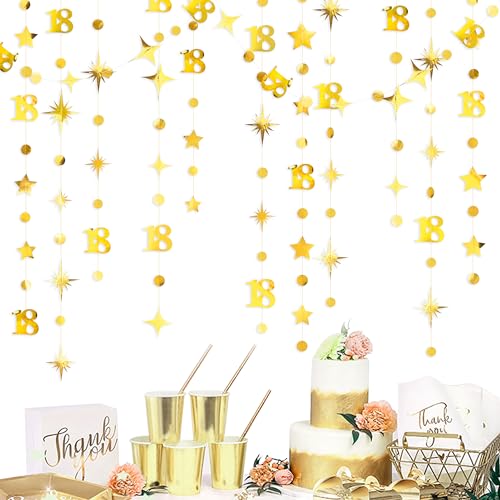 Image of Gold 18th Birthday Decorations Number 18 Circle Dot Twinkle Star Garland Metallic Streamer Banner Backdrop for Girls Boys Happy 18th Birthday Time to Adult Cheers to 18 Years Old Anniversary Party