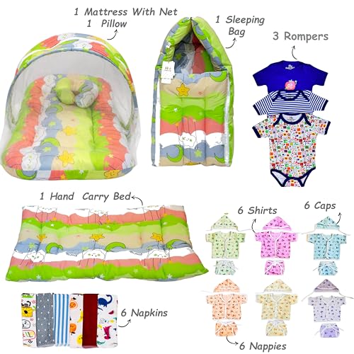 Image of Infantbond Baby All Season Use Hospital Essential Combo for New Born | Gift Pack | Baby Products | Maternity Essentials | Bedding Set (60 Items)(0-6 Months) (Green Star)