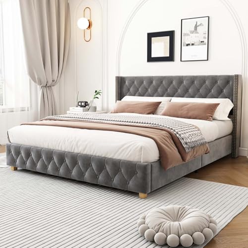 KOMHTOM Letto matrimoniale imbottito idraulico per riporre oggetti, letto baule con testiera del letto, telaio del letto, rete a doghe in legno(senza materasso) (beige, 180 x 200 cm), 976667AAG