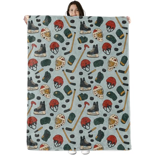Hockey Sports Blanket Gifts for Boys Girls Kids Ice Hockey Equipment Warm Soft Flannel Throw Blankets for Bedroom Travel Sofa Room Birthday Christmas Spring Decor 50x60 in