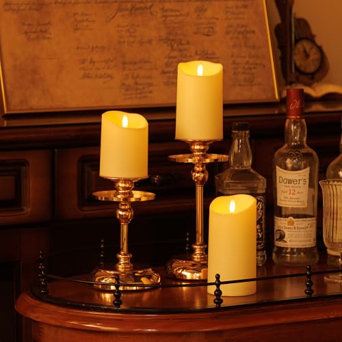 Image of Flickering Flameless Candles with Remote,Battery Operated Candles with Timer,LED,3 Pillar Fake Candles,D3 inchx H4 inch5 inch6 inch