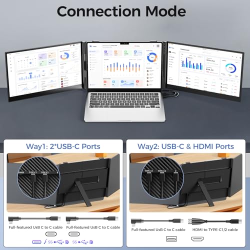 Image of Laptop Screen Extender, 14 inch Ultra Thin Lightweight(2.2lb) FHD 1080P Triple Portable Monitor for Laptops 13-17.3 inch, Plug-Play Aluminum Dual Monitor Extended for Mac /Windows, Business /Travel /Home /Office