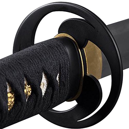 Handmade Sword - Japanese Samurai Katana Swords, Functional, Hand Forged, 1045 Carbon Steel, Clay Tempered, Damascus, Full Tang, Sharp, Tomoe Crest Tsuba, Black Wooden Scabbard, Sword Certificate