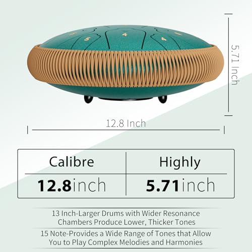 Image of Steel Tongue Drum, 13 Inch 15 Notes Tongue Drums, C Major 440 Hz Drum Percussion Instruments, Handpan Drums with Music Book, Drum Mallets and Carry Bag (Malachite Green)