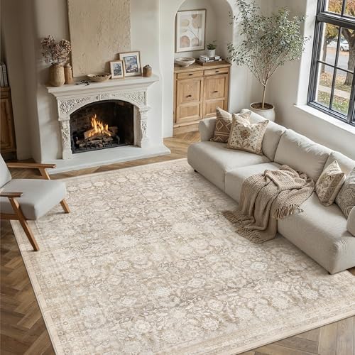 WondRg 6x9 Beige Washable Neutral Area Rug Living Room Floral