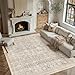WondRg 8x10 Beige Washable Neutral Area Rug Living Room Floral Non Slip Low Pile Large Rug Vintage Traditional Stain Resistant Distressed Carpet Bedroom Dining Room Office Playroom