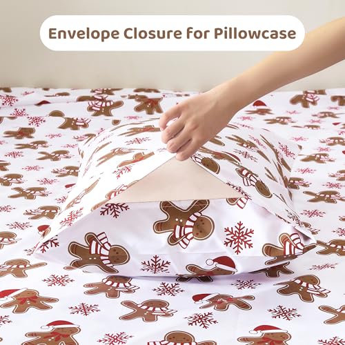 Image of Mooreeke Cozy Christmas Microfiber Printed Queen Sheet Set - Soft & Breathable Percale Brown Winter Bed Sheets with Extra Deep Pocket - Non-Slip Fitted Design - Red Snow Gingerbread Pattern