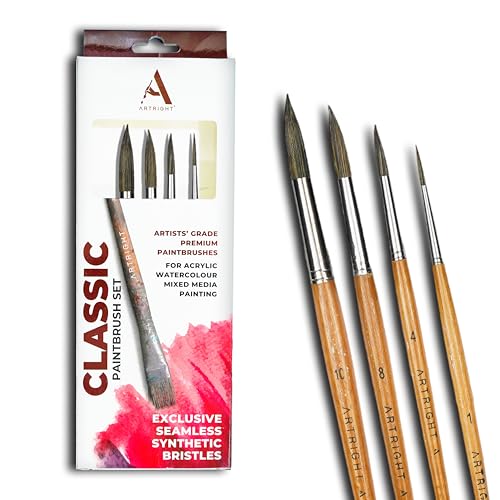 Image of Round Artist Paintbrush Set of 4Pcs, Natural Brown Handle Brushes for Fine Detailing, Line Work, Broad Strokes, Ideal for Acrylic, Watercolor Painting, Best for Beginner & Professional