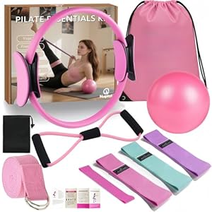 Pilates Equipment 15″ Pilates Ring Plus, Pilates Kit for Home Workouts, Pilates Essentials Kit for Women with Pilates Ring and Ball Set, Booty Bands, Figure 8 Resistance Band, Yoga Band