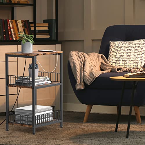 Nightstand With Charging Station, 3-Tier Side Table With Usb Ports And Outlets, Modern End Table With Open Storage Metal Basket Lockable Wheels For Small Spaces, Living Room, Bedroom, Rustic Brown #TOP1