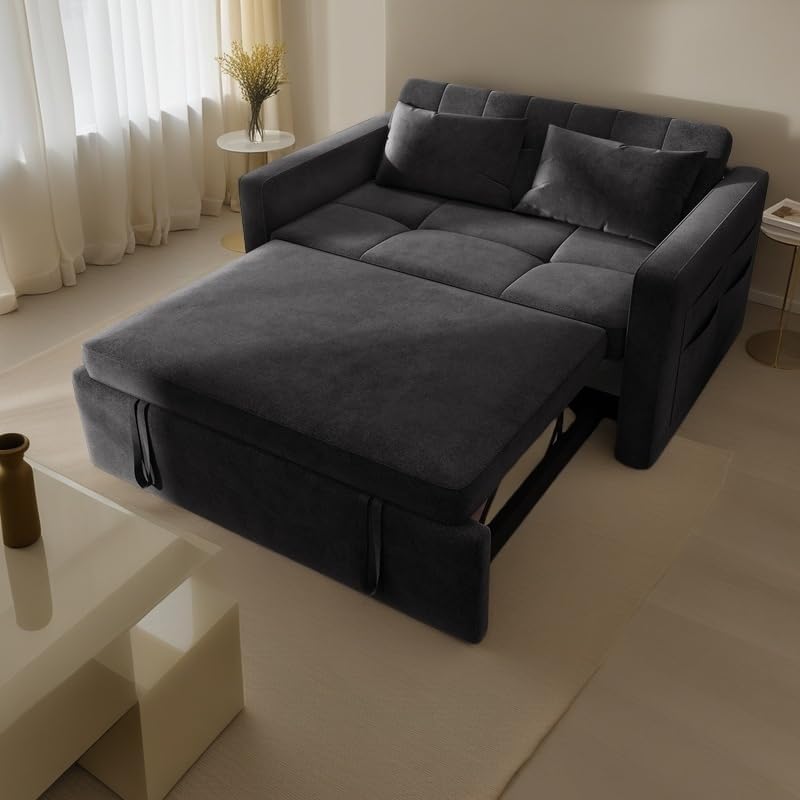 YITAHOME 55 inch Convertible Sofa Bed with the pull-out bed extended, showing its bed configuration.