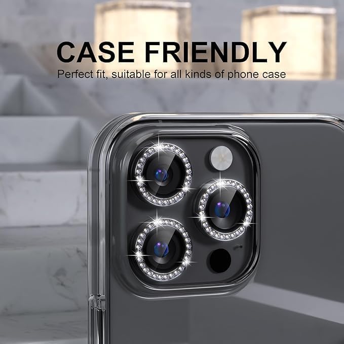 Image of Compatiable with iPhone 16 Pro / 16 Pro Max Camera Lens Protector Ring - Diamond Design | 9H Tempered Glass | HD Clear | Anti-Scratch | Anti-Drop Black Diamond