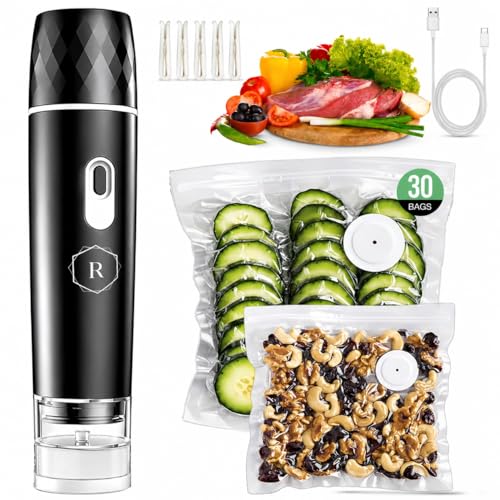 Image of Compact Vacuum Sealer for Food - Powerful Handheld Vacuum Sealer with 30 BPA-Free Reusable Bags and 5 Clips, Rechargeable Cordless Sealer with Detachable Moisture Tank for Meal Prep, Freezer & Travel